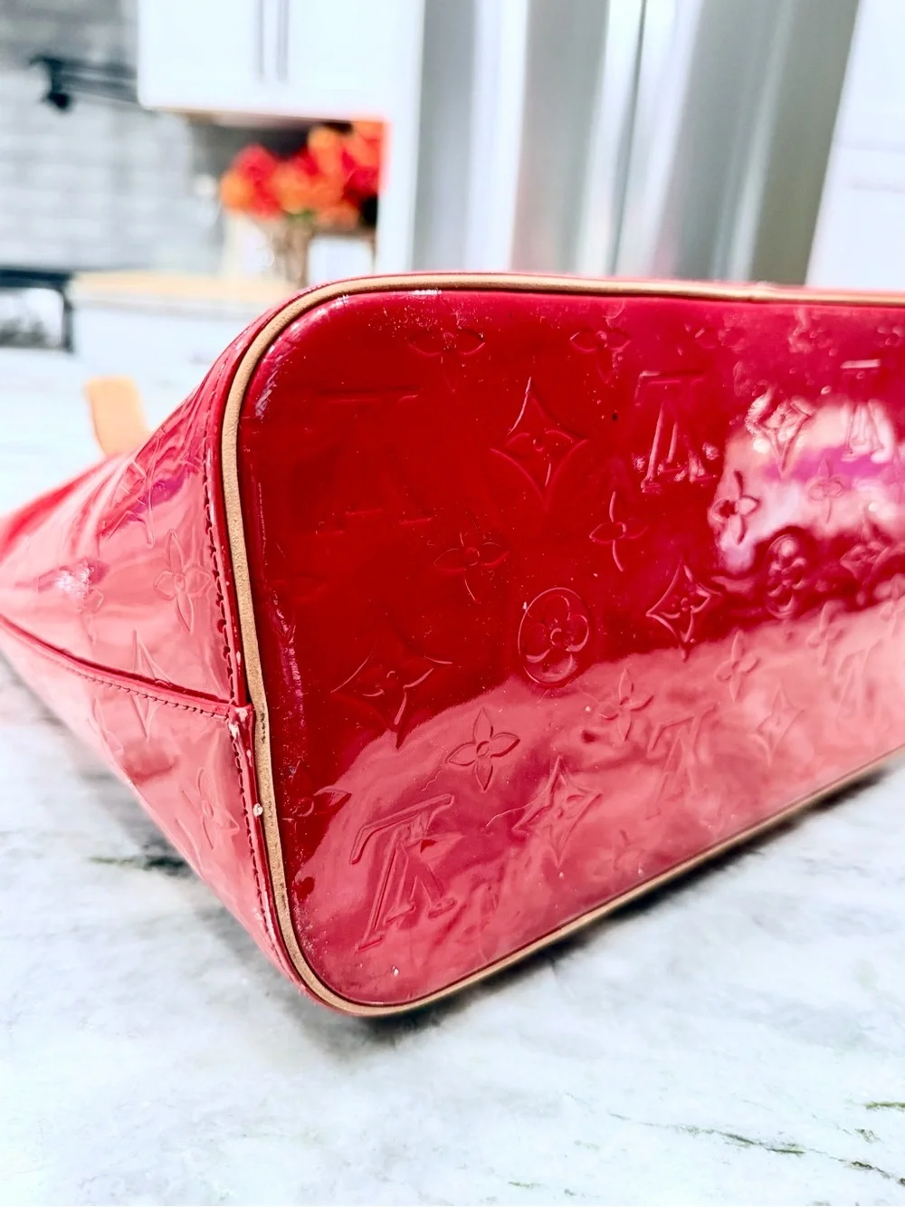 Louis Vuitton Authentic Red Patent Tote Bag with Leather Handless/Trim
